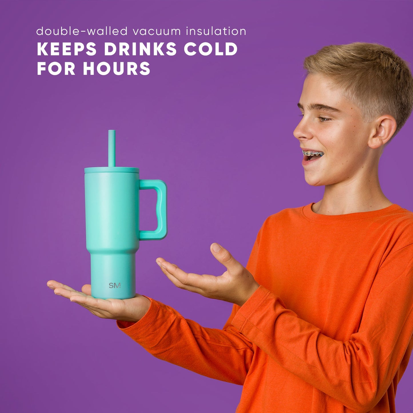 Young teenager holding a turquoise 24oz insulated tumbler against a purple background. White text reads "double-walled vacuum insulation KEEPS DRINKS COLD FOR HOURS." Simple Modern logo visible on cup.