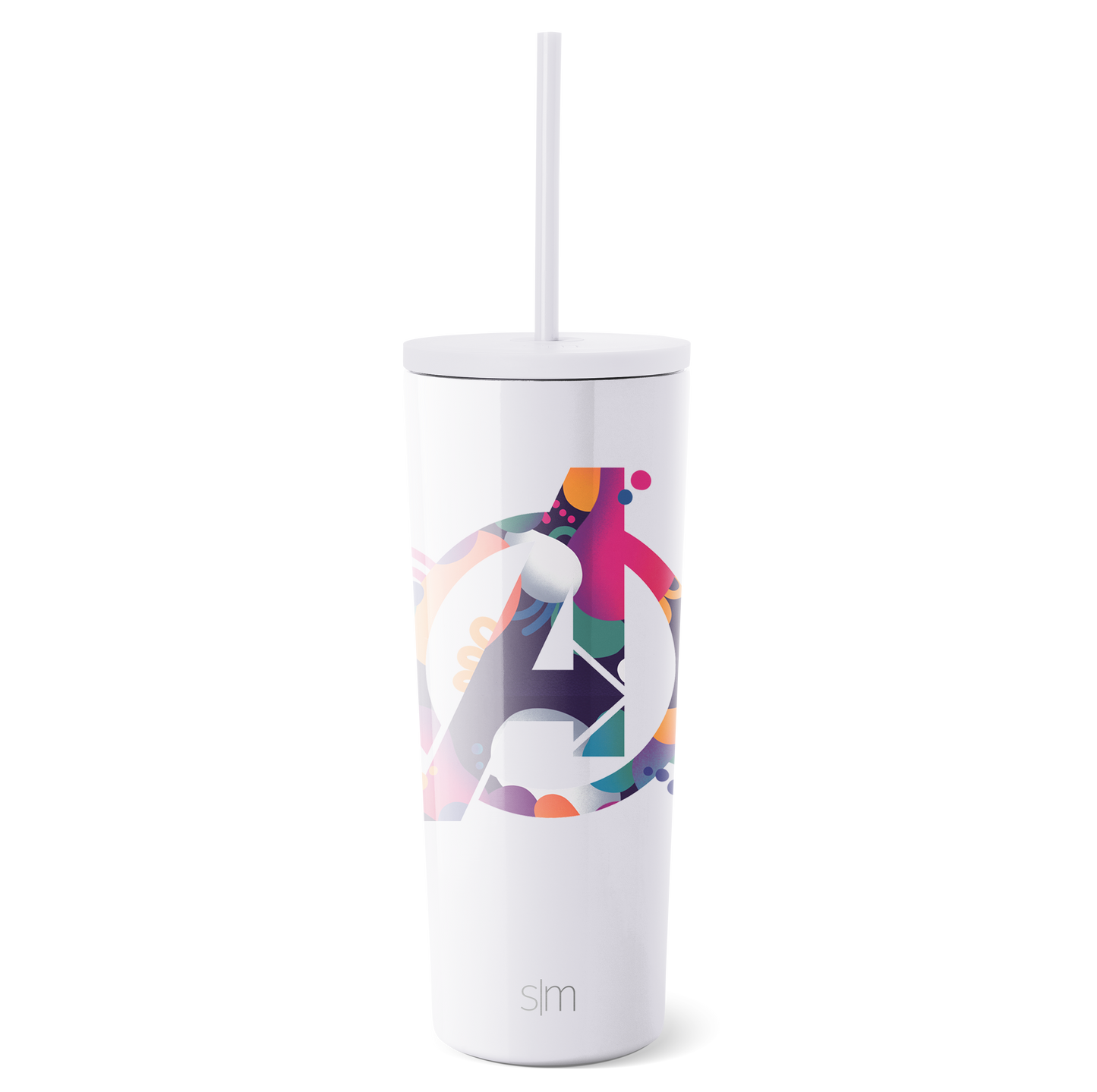 White tumbler with vibrant artistic graphic design wrapped around the middle section