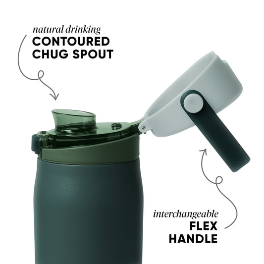 Sage green bottle with dark forest green and charcoal accents, featuring a lid mechanism against a muted, earthy-toned background.