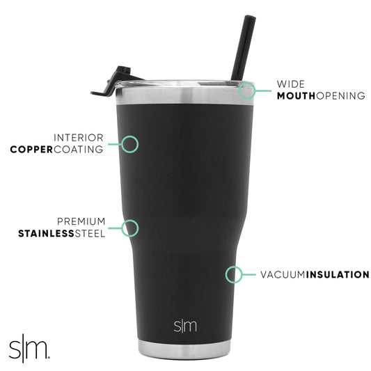 Black matte tumbler with brushed stainless steel rim and base, featuring mint green and turquoise circular design elements.