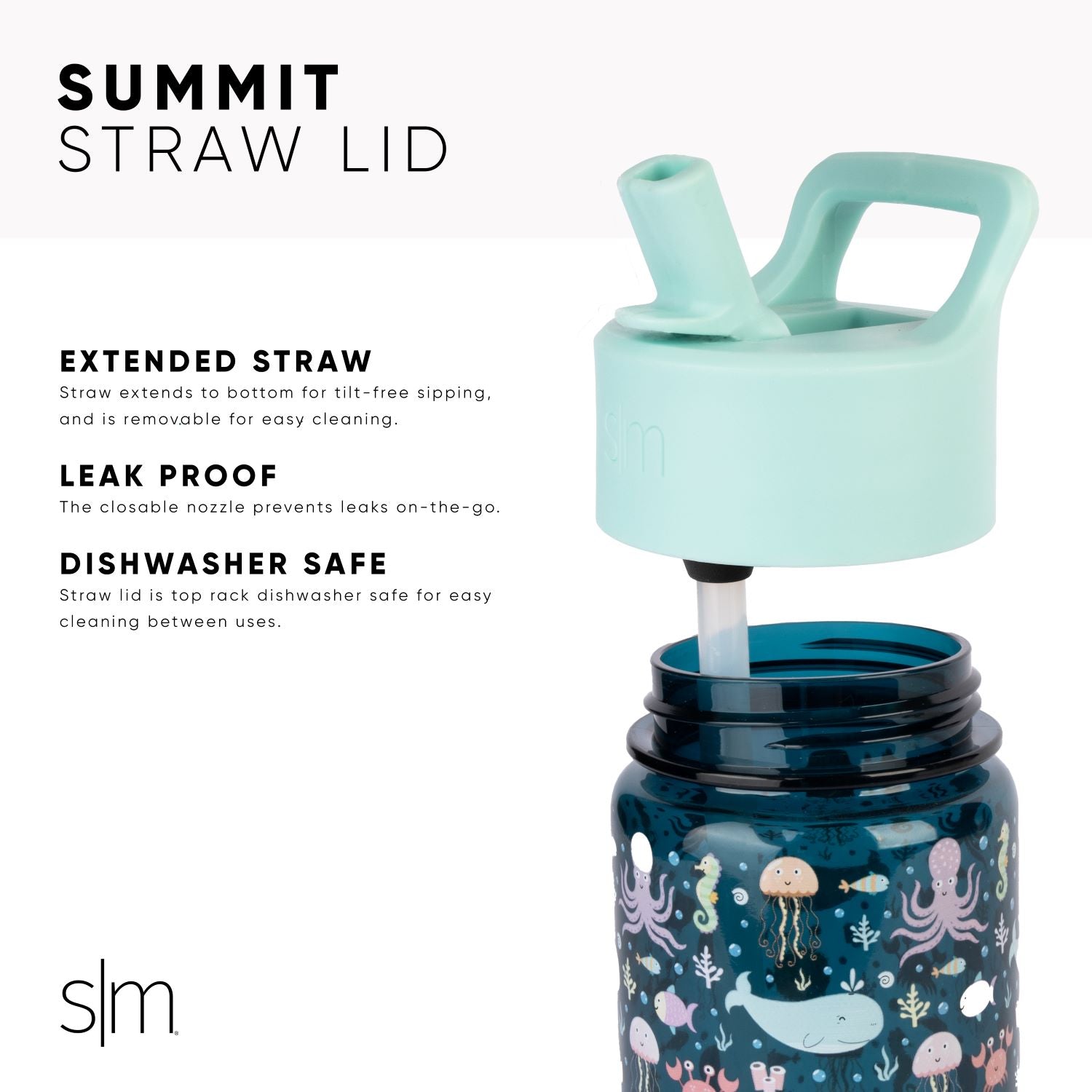 Mint green Summit Straw Lid component above navy blue vessel with blush pink accents