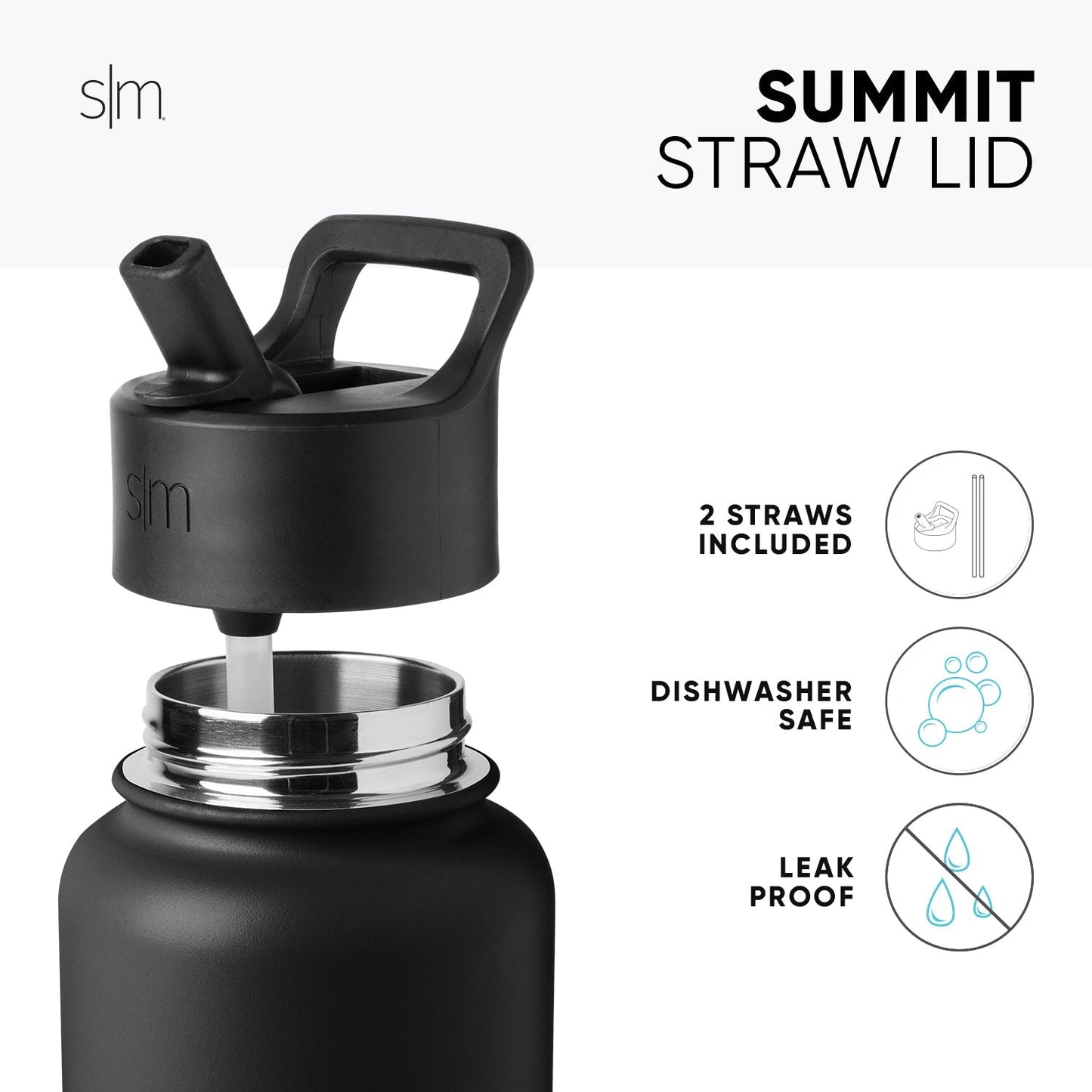 Matte black tumbler with metallic silver chrome accents and straw lid assembly on white background