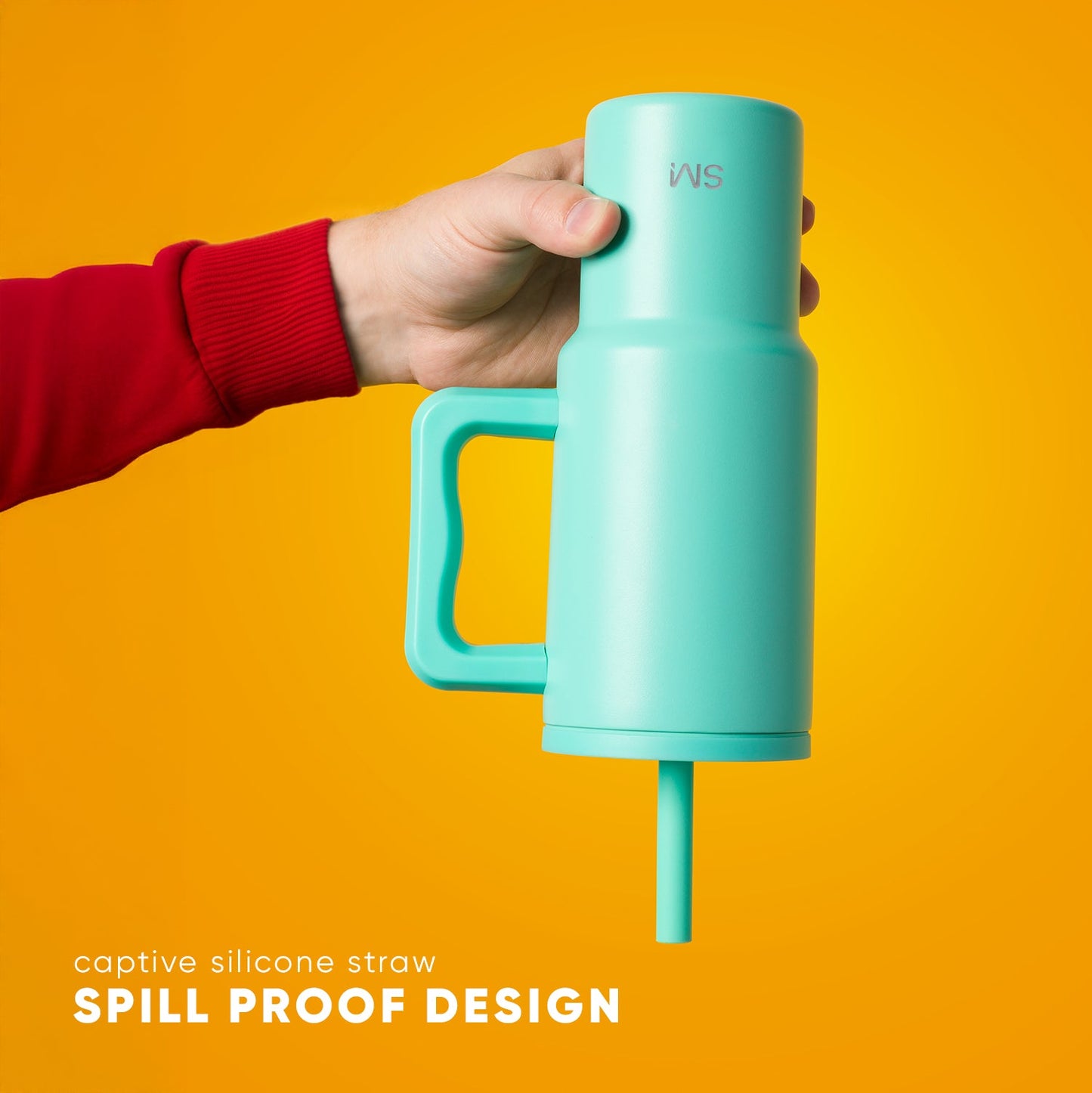 24oz Kids Trek water bottle in turquoise with silicone straw, held by a hand wearing a red sleeve against yellow background. Features spill-proof design and wide handle for kids.
