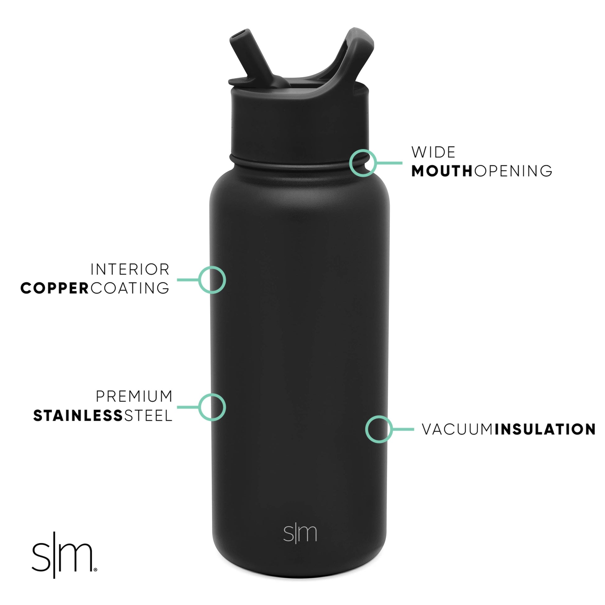 Matte black water bottle with turquoise accent markers and connecting elements on white background