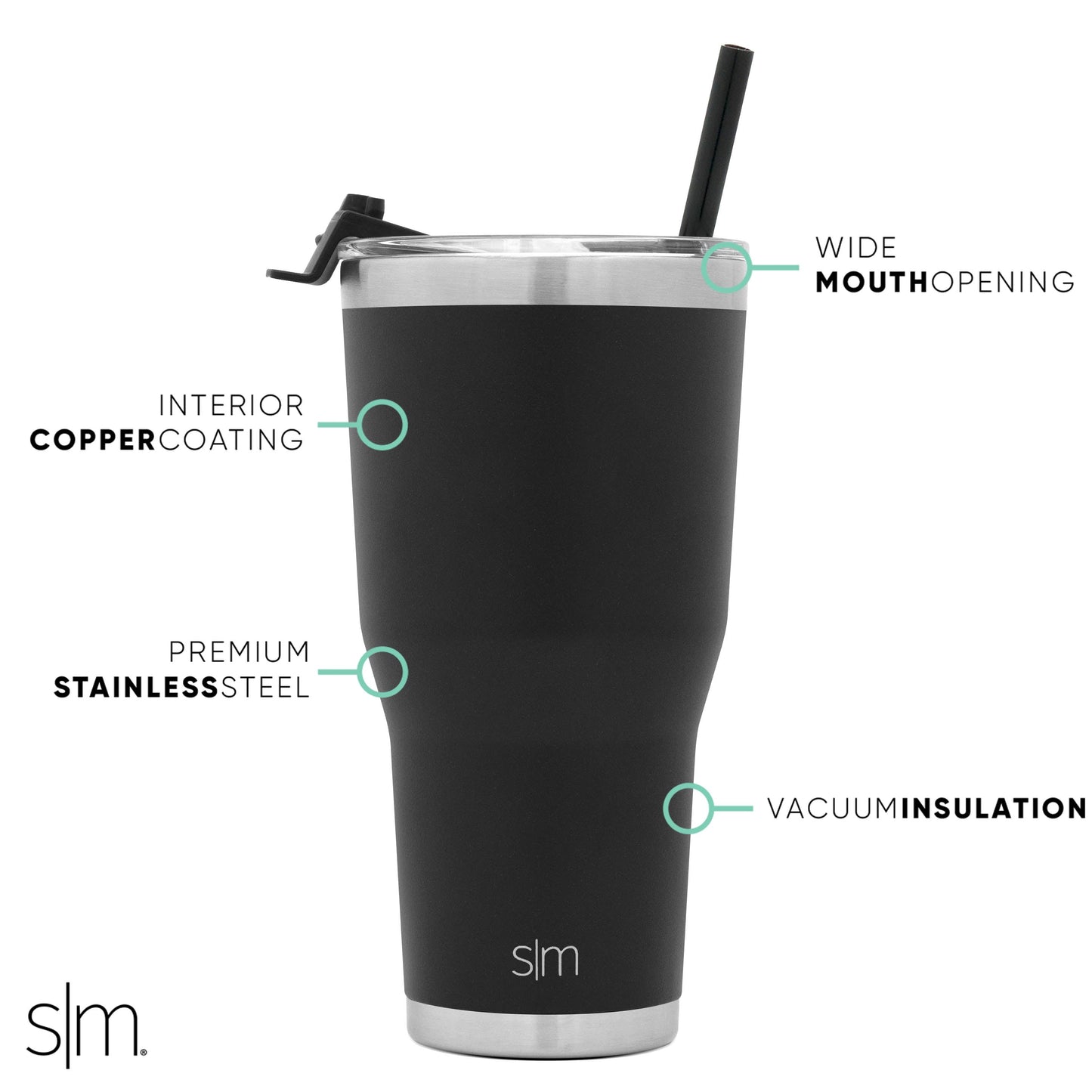 Matte black product with brushed stainless steel rim and base accents, featuring turquoise and mint green details against a stark contrasting background.