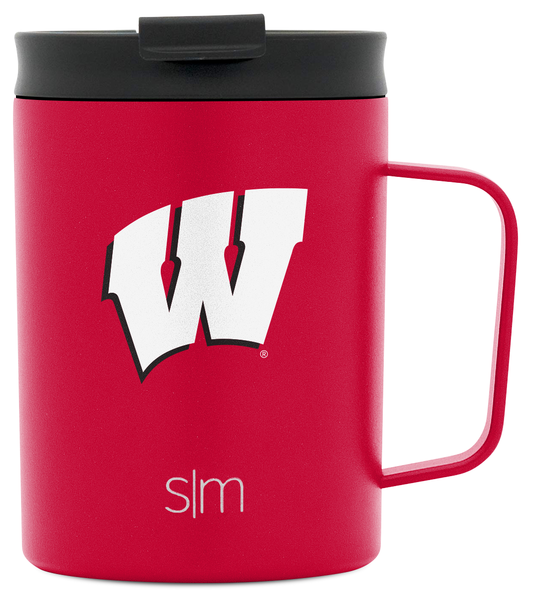 Red insulated mug with charcoal gray lid on white background, front view product shot