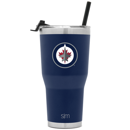 Deep navy blue tumbler with brushed stainless steel silver gray bands on top and bottom edges