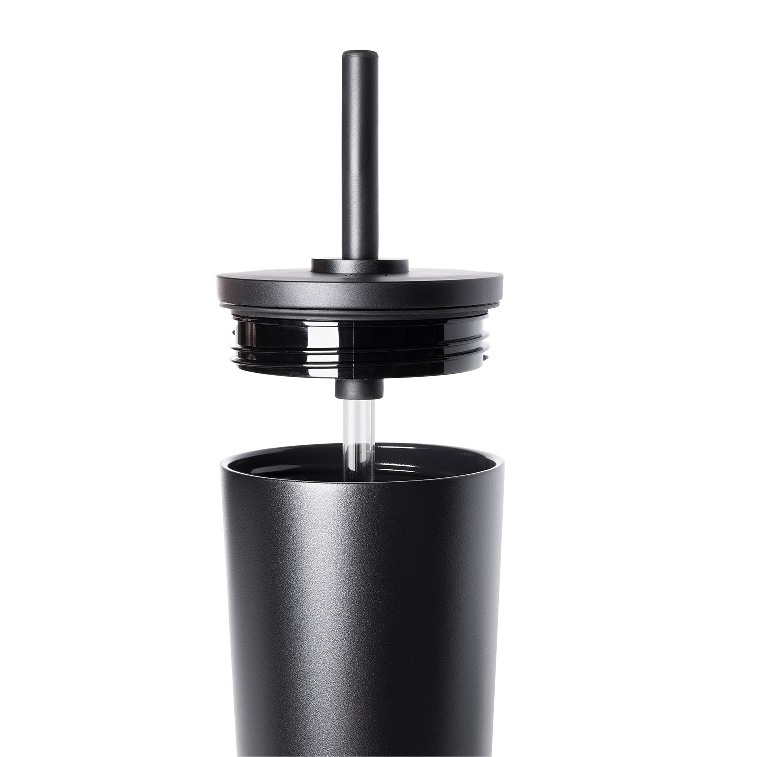 Black matte finish insulated tumbler with white lid on white background, featuring classic signature design and clean minimalist styling.