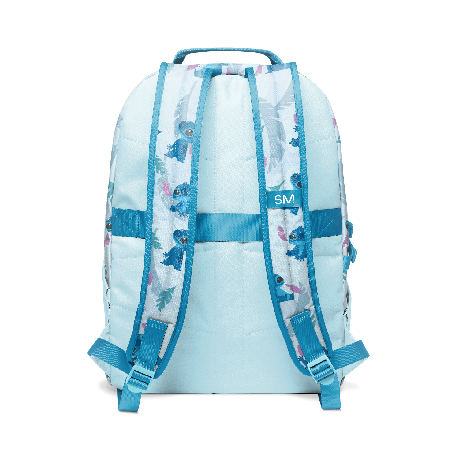 Light blue backpack with teal accents, white panels, and medium blue straps for contrast.