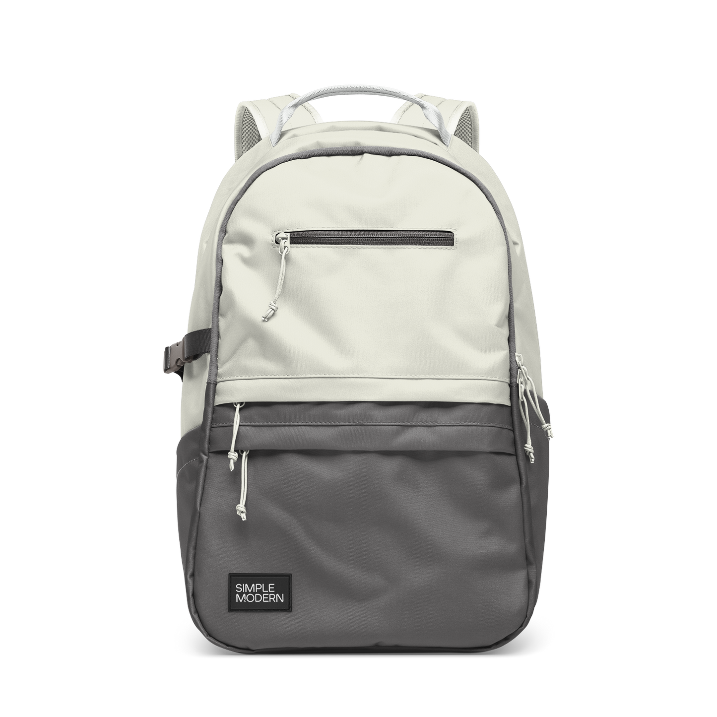 Cream and charcoal gray two-tone backpack with gray accent straps and piping trim along the edges where the colors meet.
