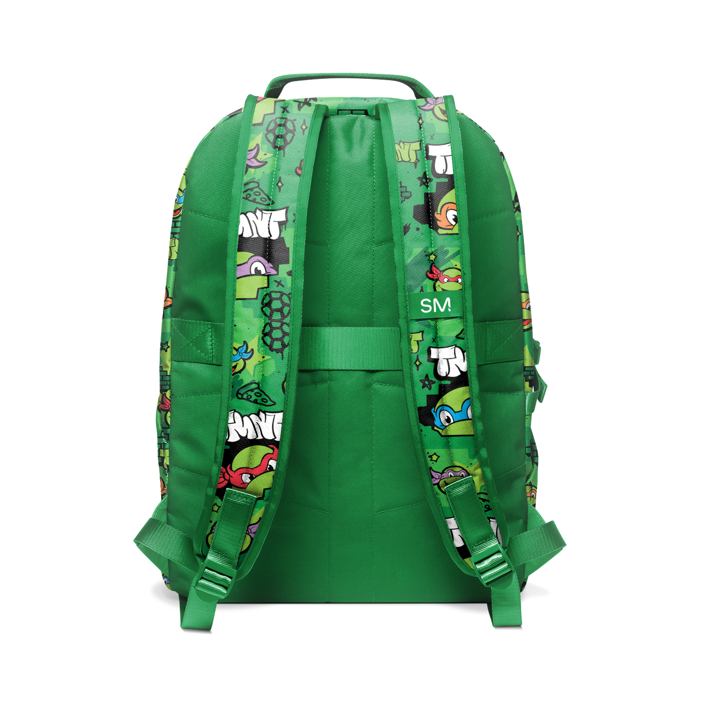 Bright kelly green backpack with colorful allover print on front and side panels, featuring shoulder straps and back panel in matching green.