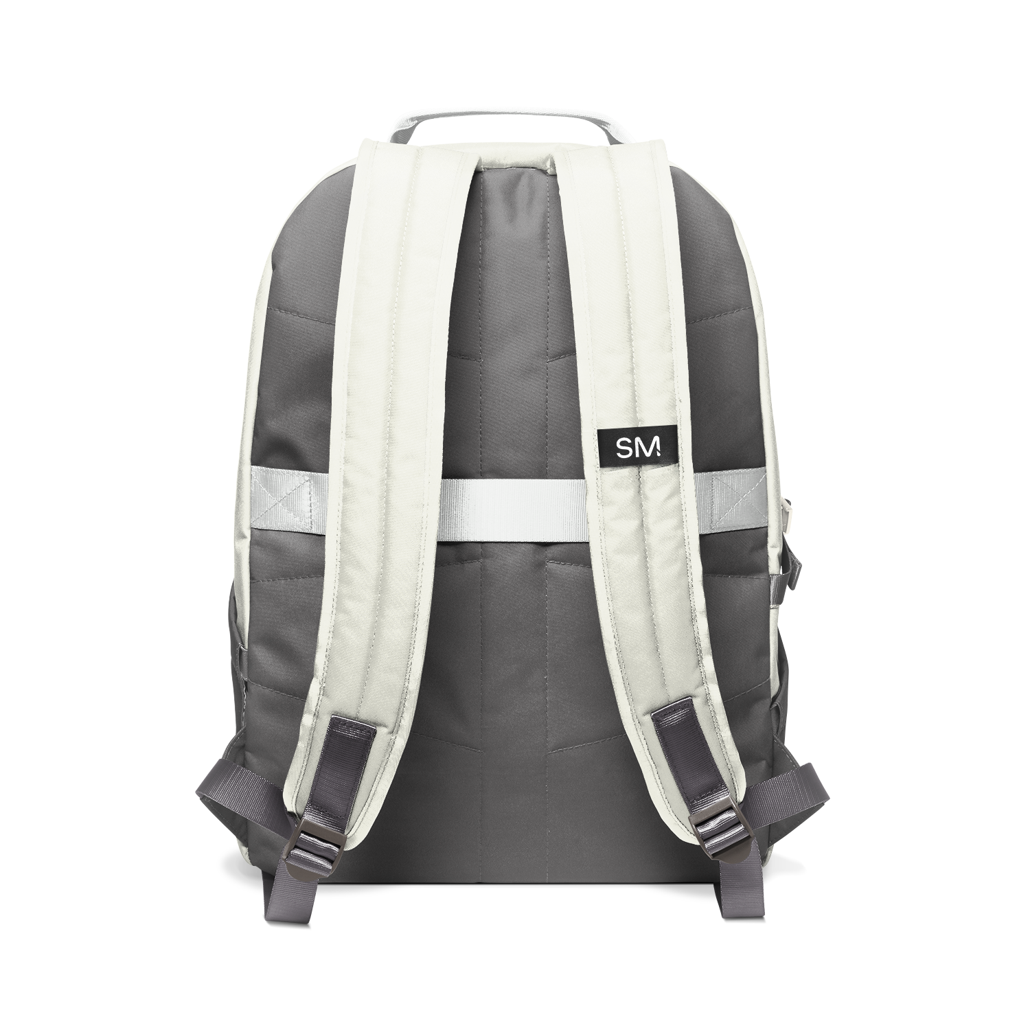 Cream and dark color-block backpack rear view showing padded shoulder straps and upper back panel