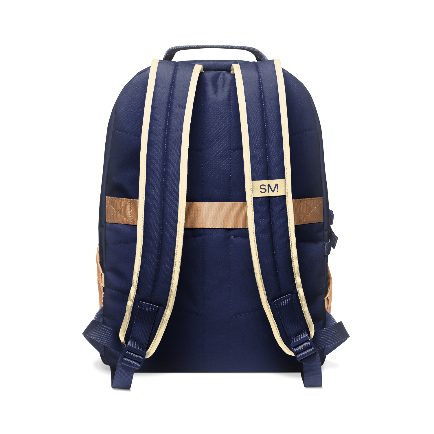 Deep navy blue backpack with tan and cream shoulder straps, handle, and decorative bands