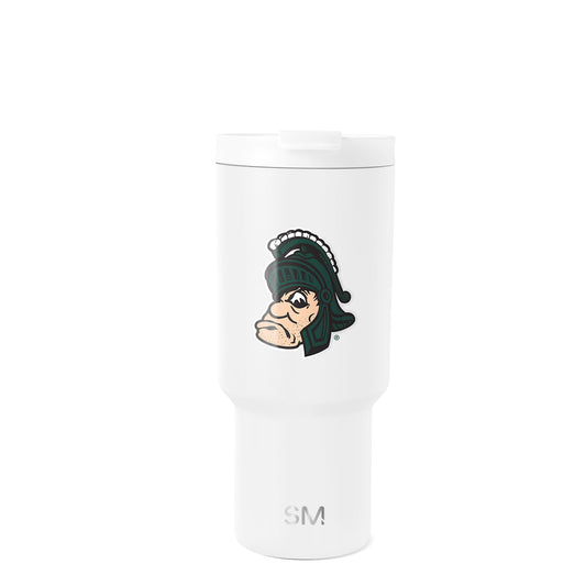 White insulated tumbler by Simple Modern with cylindrical body, tapered base, and white lid with sip opening, shown against white background.