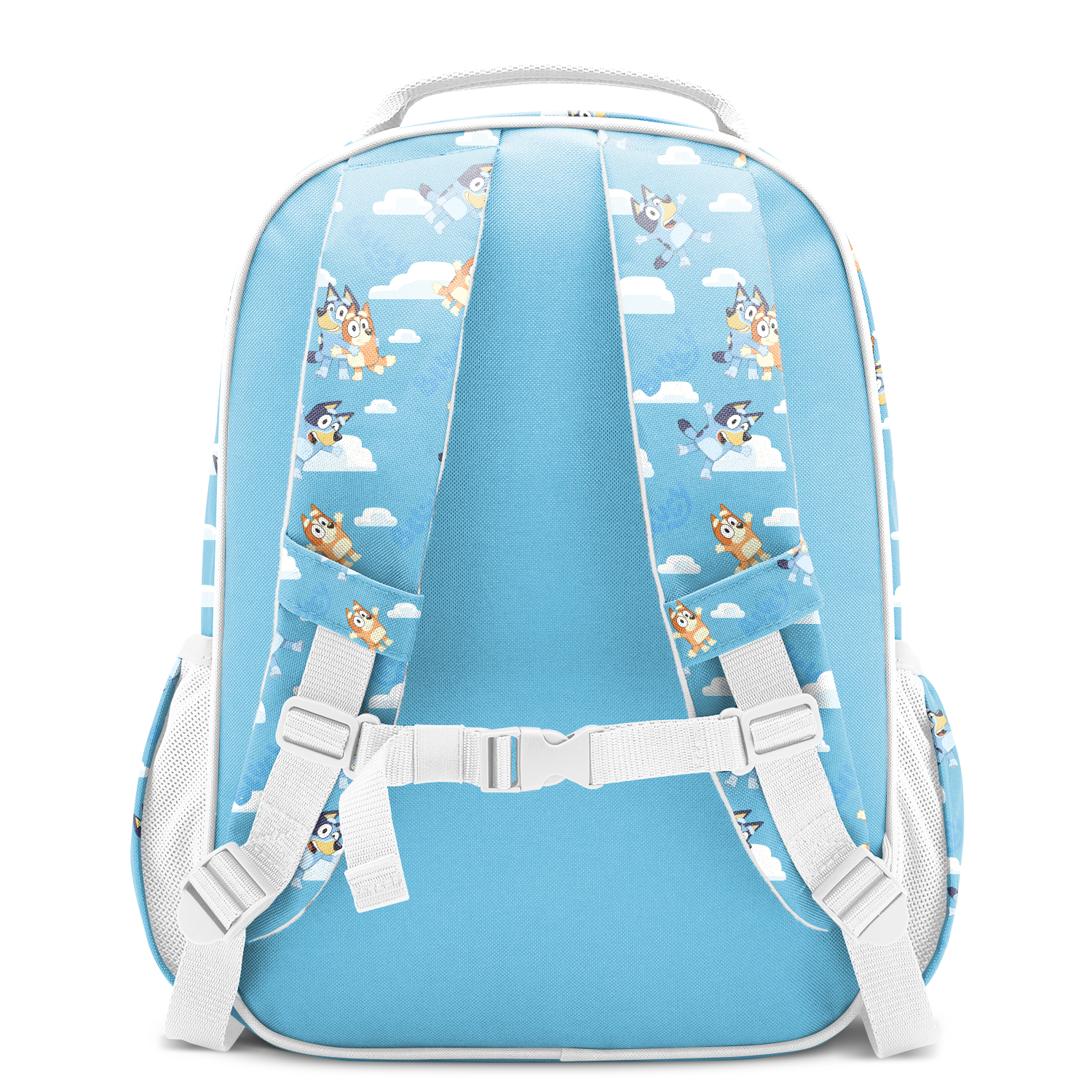 Sky blue backpack with white straps, buckles, and cloud pattern design