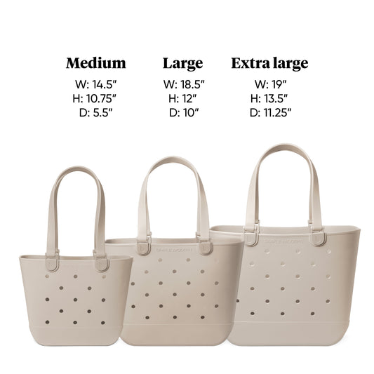 Three beige Simple Modern tote bags in size progression (Medium, Large, Extra Large) with perforated details and measurements displayed. Studio product photography on white background.