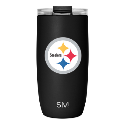 Black cylindrical matte tumbler with circular logo badge on white background