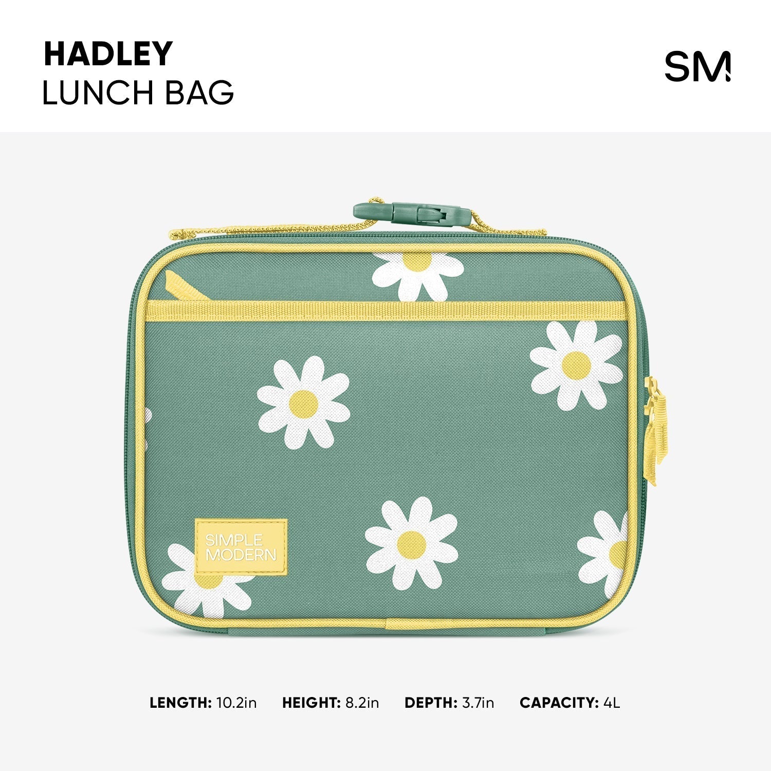 Soft sage green Hadley lunch bag with butter yellow trim and white daisy floral design accents