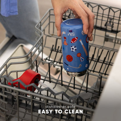 Child holding a periwinkle blue stainless steel water bottle in a dishwasher rack, highlighting dishwasher-safe feature