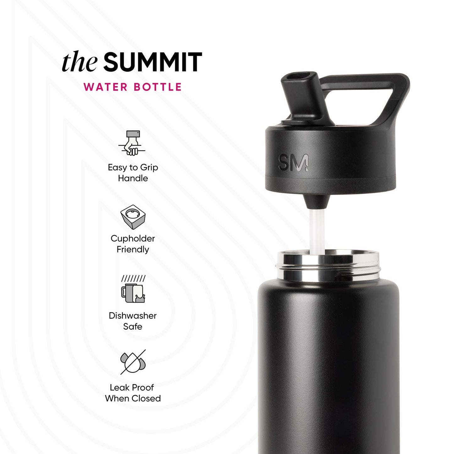 Black Summit water bottle by Simple Modern with push-button spout lid and white straw, shown with feature icons highlighting easy grip handle, cupholder friendly, dishwasher safe, and leak proof design.