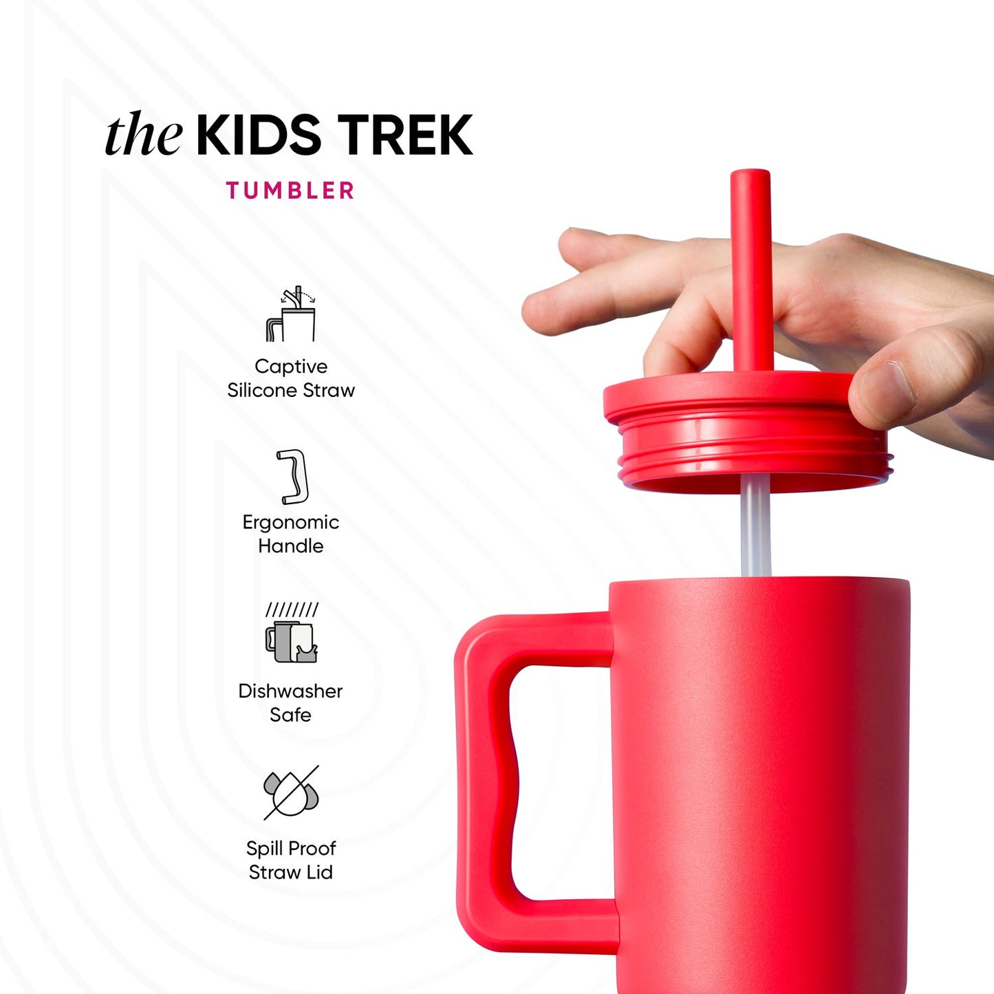 Child's hand holding a bright coral pink Kids Trek Tumbler by Simple Modern with matching straw and lid. Product features include captive silicone straw, ergonomic handle, dishwasher safe, and spill-proof lid.