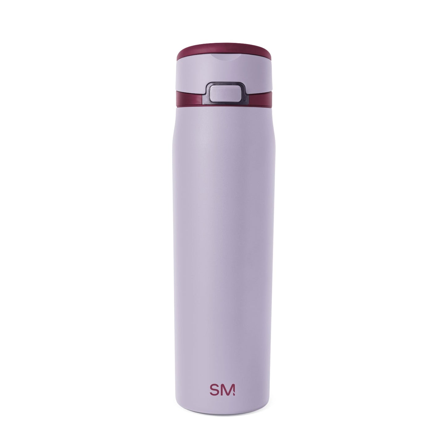 Lavender-lilac insulated tumbler with deep burgundy accent bands at the rim and middle section