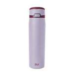Lavender-lilac insulated tumbler with deep burgundy accent bands at the rim and middle section