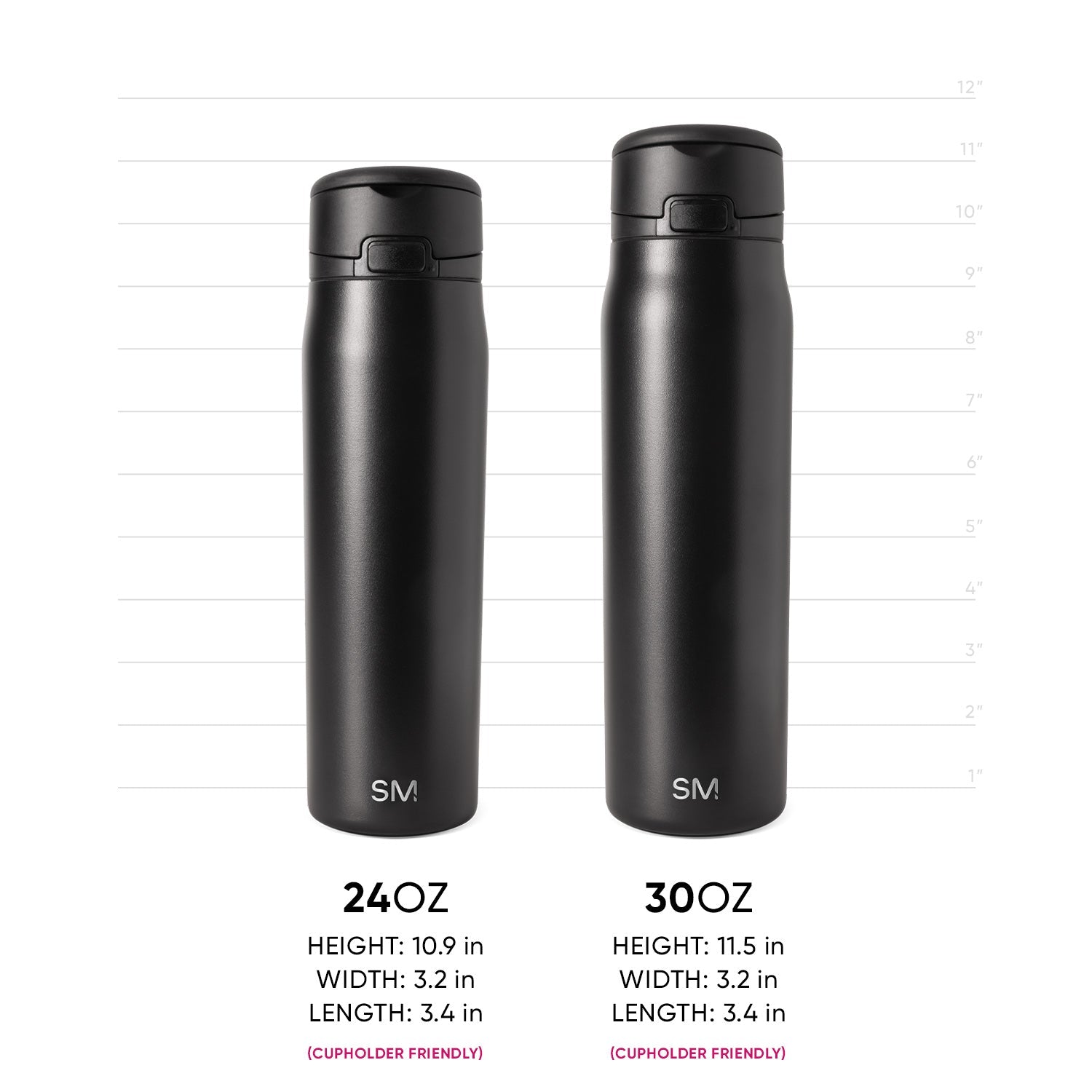 Two black Simple Modern insulated water bottles side by side with measurement scale. Left: 24oz bottle (10.9"H × 3.2"W × 3.4"L). Right: 30oz bottle (11.5"H × 3.2"W × 3.4"L). Both cupholder friendly with dome lids.