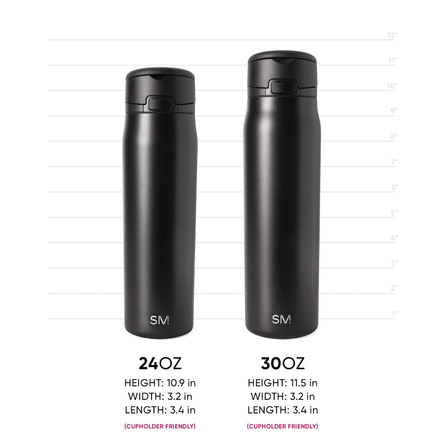 Two black insulated water bottles side by side with measurement scale. 24oz bottle (10.9" H) on left, 30oz bottle (11.5" H) on right. Both cupholder friendly with Simple Modern logo and black lids.