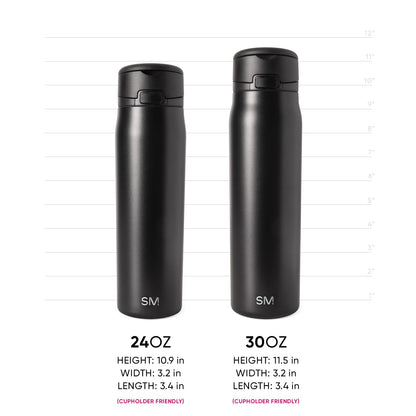 Two black insulated water bottles side by side with measurement scale. 24oz bottle (10.9" H) on left, 30oz bottle (11.5" H) on right. Both cupholder friendly with Simple Modern logo and black lids.