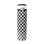 Black and white checkerboard insulated water bottle with black lid and carrying handle. Simple Modern logo on lower section. Studio product photo on white background.
