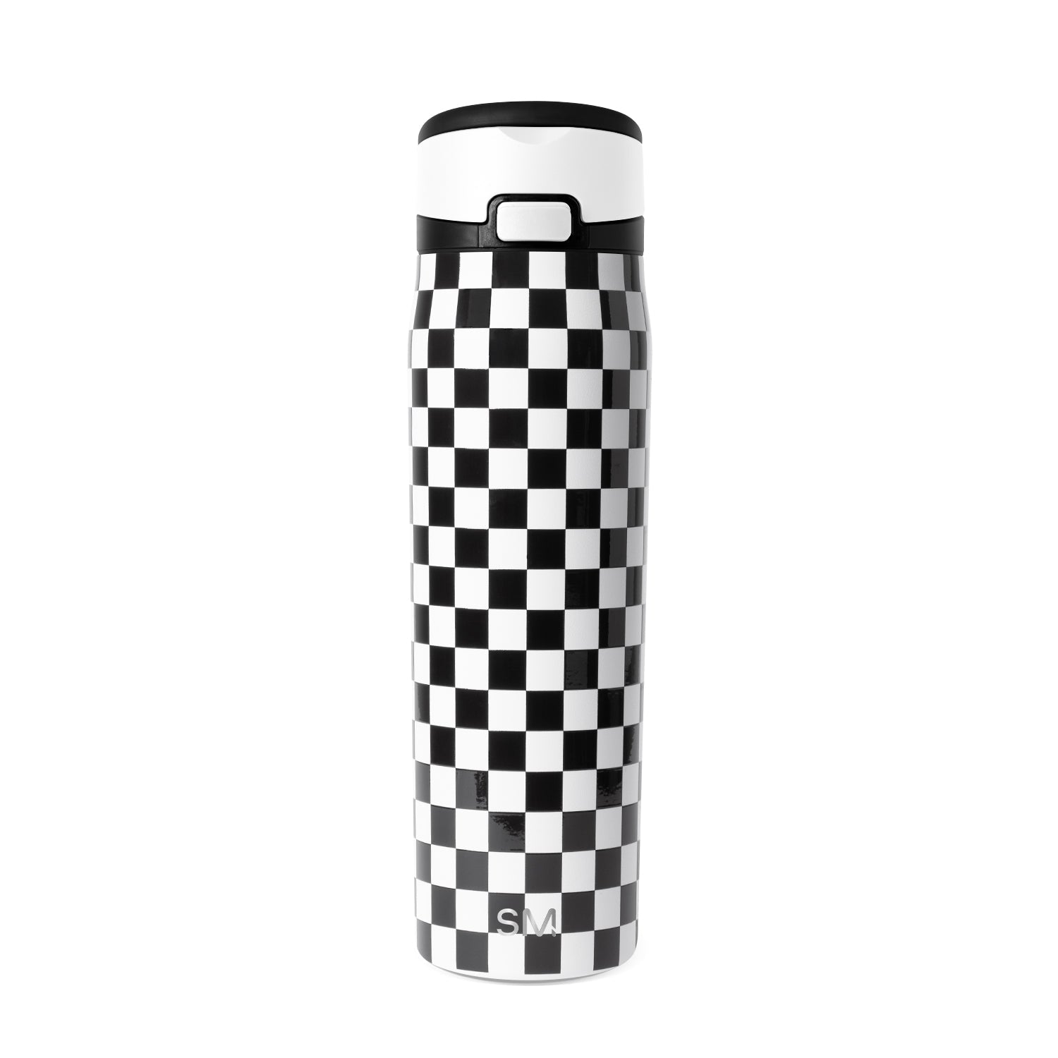 Black and white checkerboard insulated water bottle with black lid and carrying handle. Simple Modern logo on lower section. Studio product photo on white background.