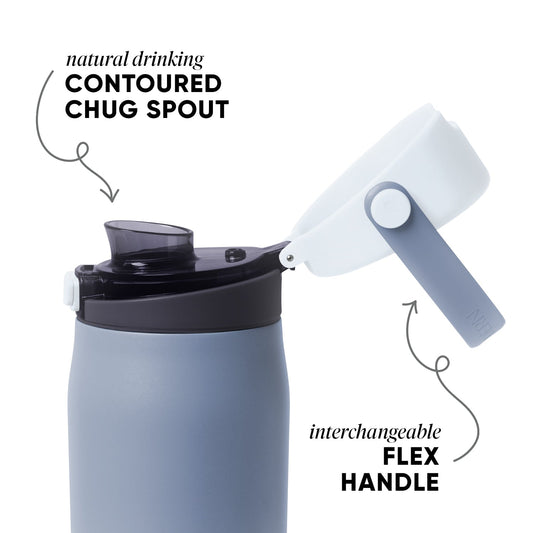 Muted periwinkle blue water bottle with charcoal gray lid and spout on pale blue and light gray background