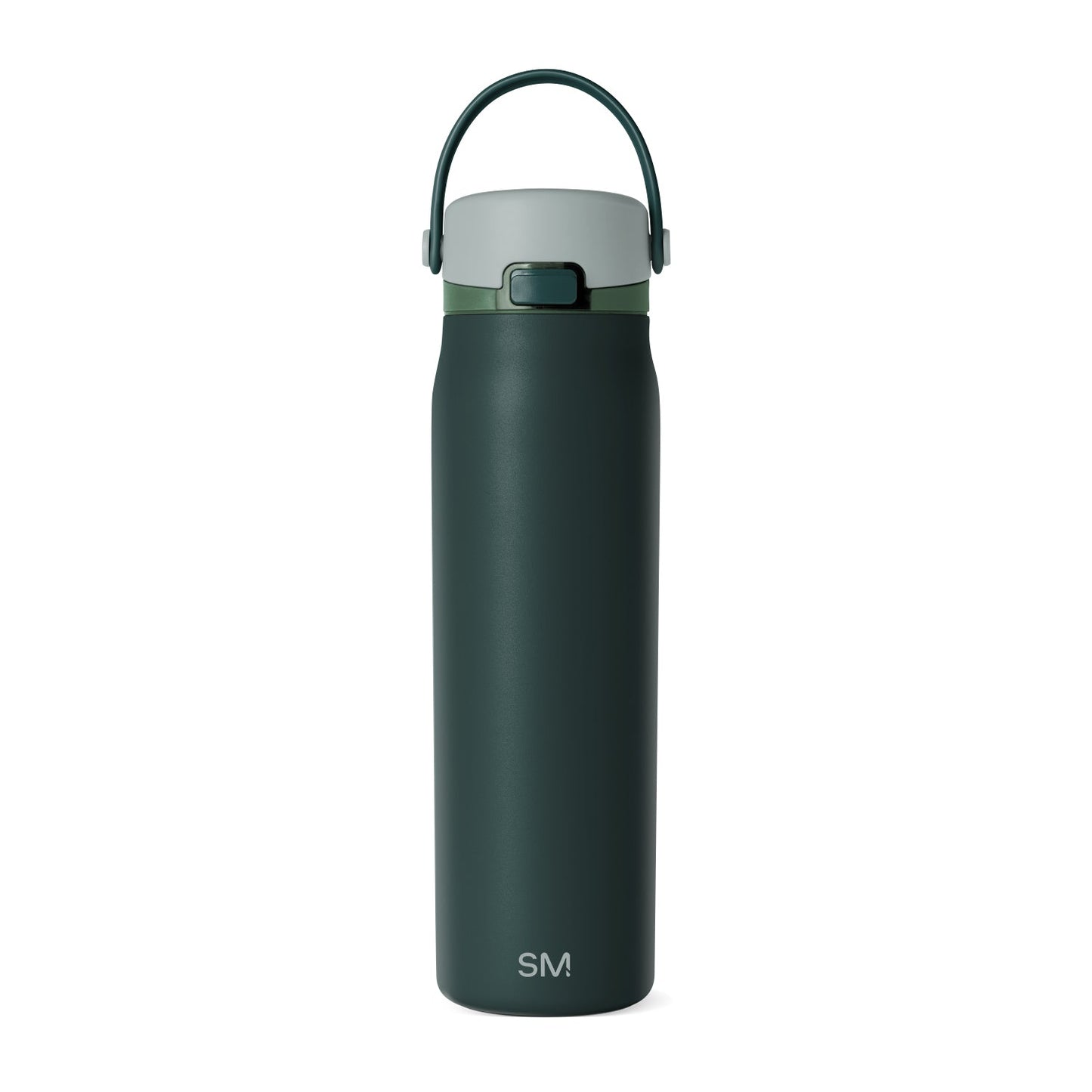 Deep forest green cylindrical water bottle with light sage gray top and cap, SM Summit brand design for hydration and outdoor use.