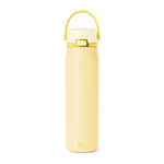 Soft pale yellow water bottle with bright yellow-gold carrying handle and band detail