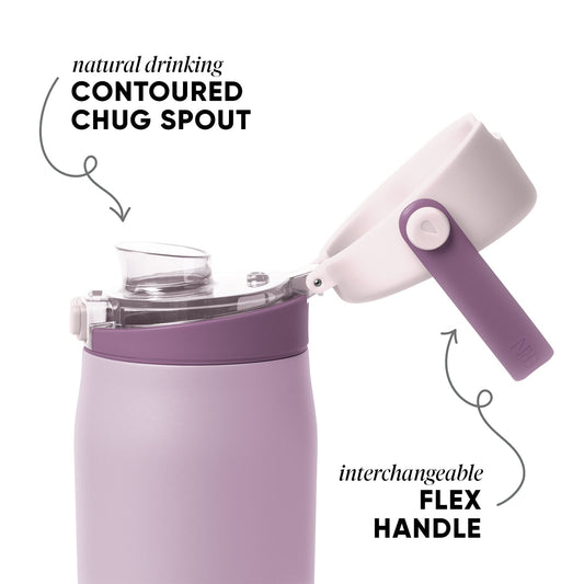 Pale lavender vessel with deeper purple removable handle and cap band, soft muted color palette, product photography on neutral background.