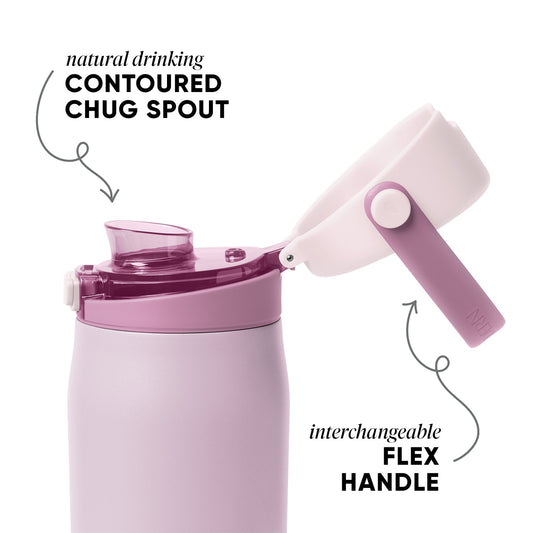 Pale blush pink water bottle with mauve-toned removable handle, lid ring, and spout against a soft pink background
