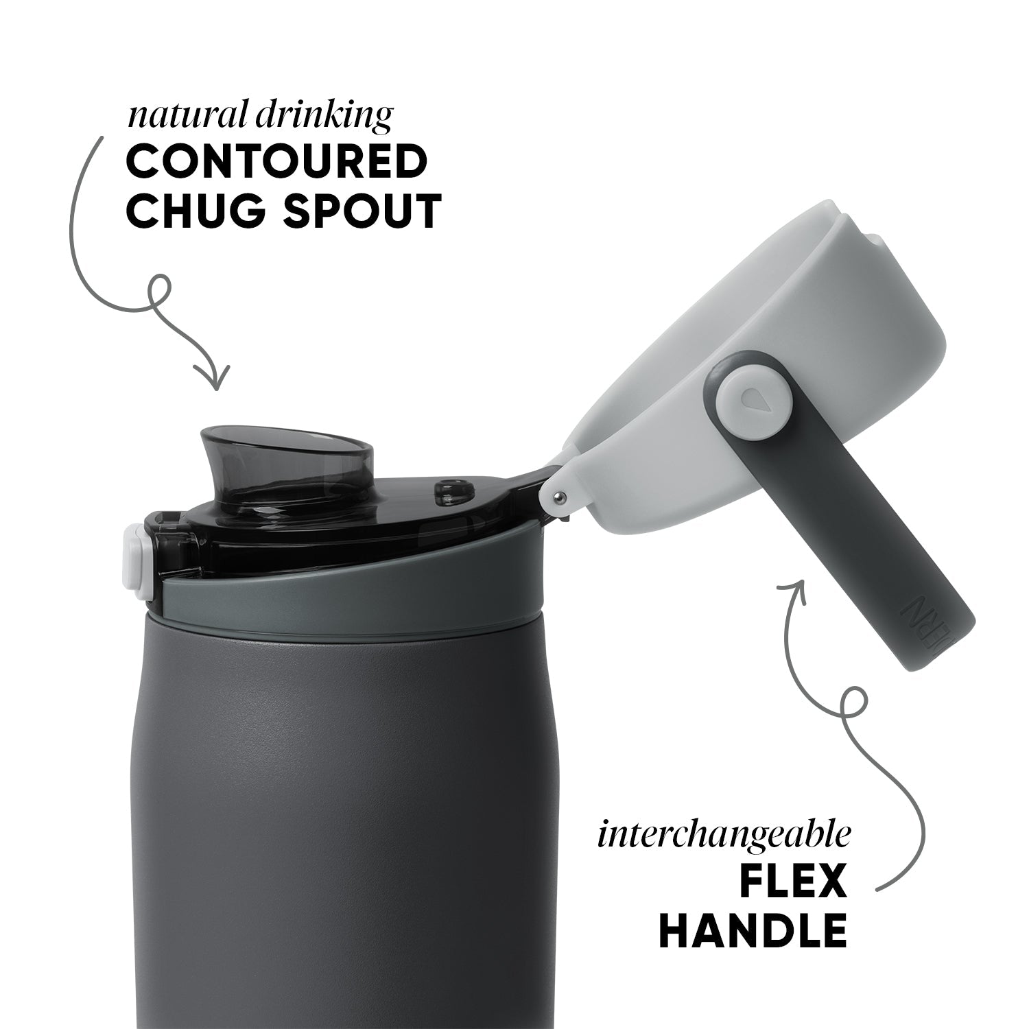 Dark gray matte canister with medium gray body, black lid mechanism and spout, translucent dark accents, monochromatic charcoal design
