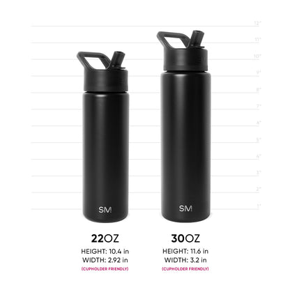 Two matte black Simple Modern insulated water bottles displayed side-by-side with measurement scale. 22oz bottle on left is 10.4 inches tall; 30oz bottle on right is 11.6 inches tall. Both feature white SM logo, flip-cap