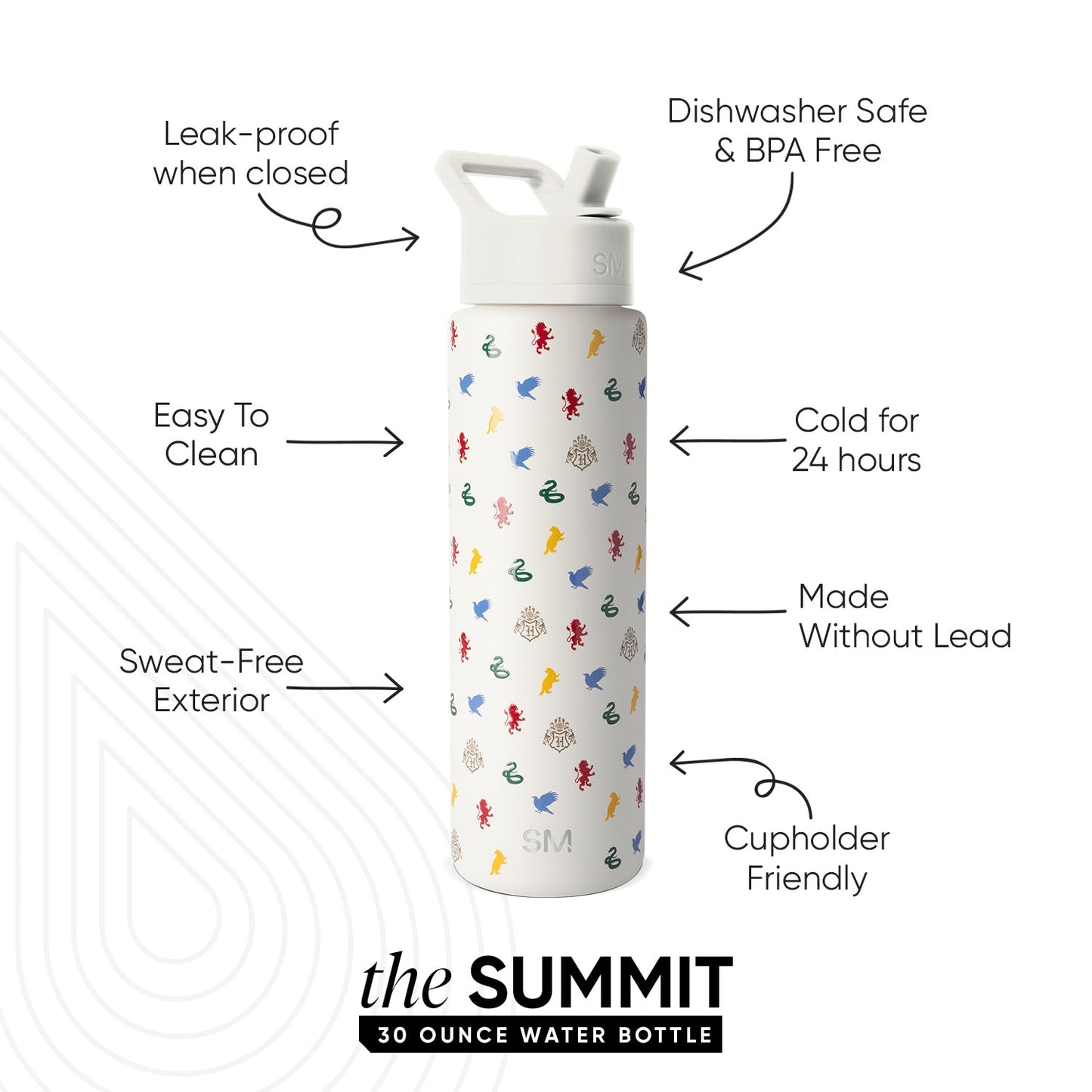 Simple Modern Summit 30 ounce water bottle with cream base and illustrated sea creatures pattern in red, blue, coral, green, and yellow. Features leak-proof design, keeps drinks cold 24 hours, dishwasher safe, BPA-free,