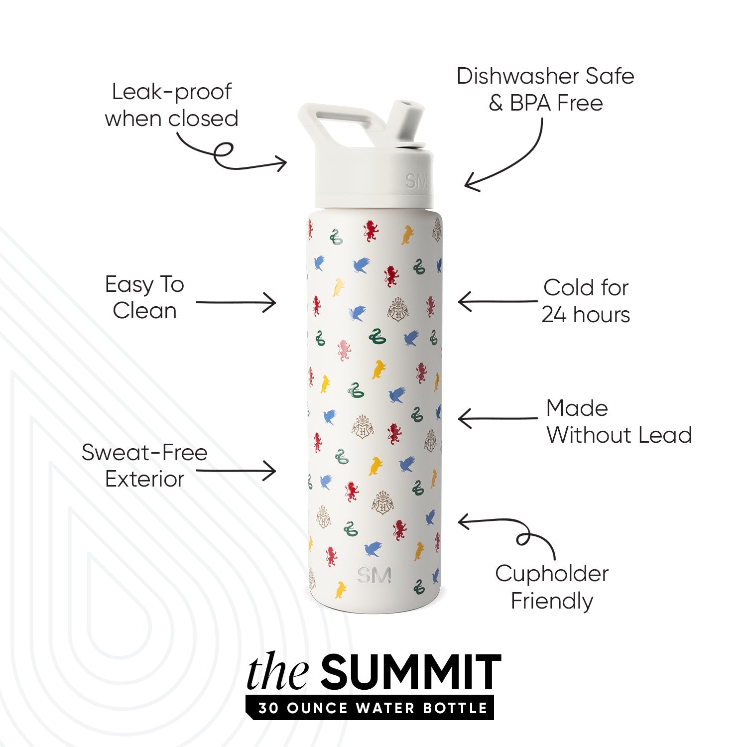 Simple Modern Summit 30 ounce water bottle with cream base and illustrated sea creatures pattern in red, blue, coral, green, and yellow. Features leak-proof design, keeps drinks cold 24 hours, dishwasher safe, BPA-free,