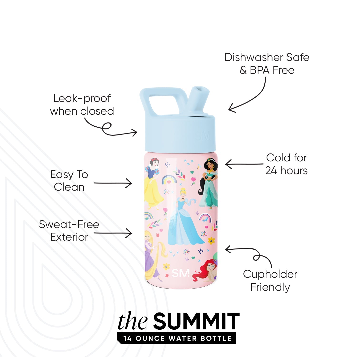 Simple Modern Summit 14 ounce water bottle with light blue cap and pale pink body featuring Disney princess characters. Features include dishwasher safe, leak-proof, easy to clean, sweat-free exterior, keeps drinks cold 24