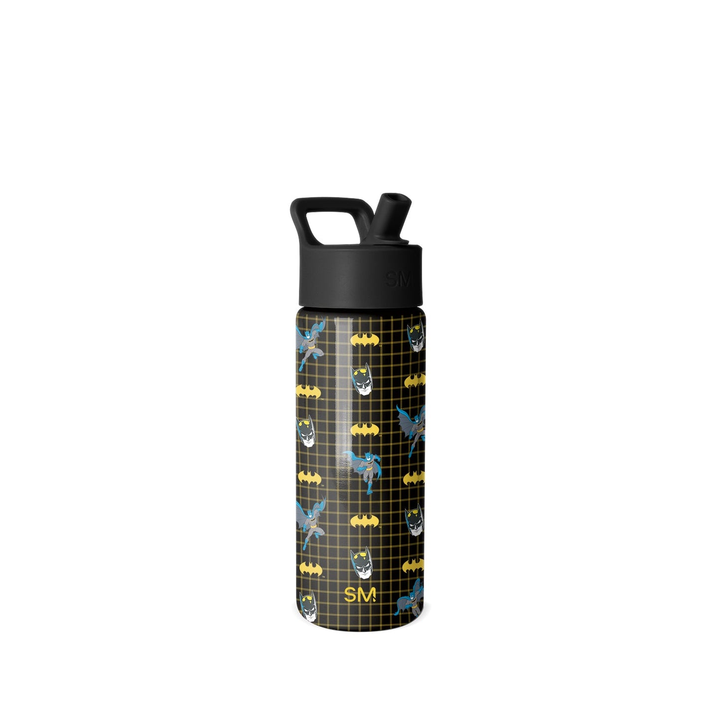 Simple Modern water bottle with black cap and handle, featuring Batman-themed design with yellow and gray graphics on black background with grid pattern, white background, front view.