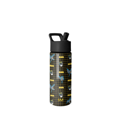 Simple Modern water bottle with black cap and handle, featuring Batman-themed design with yellow and gray graphics on black background with grid pattern, white background, front view.