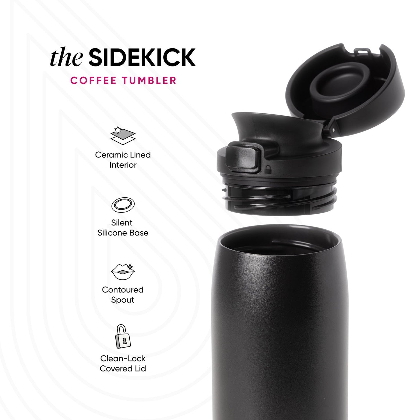 Black matte coffee tumbler with gray tonal variations on light gray background