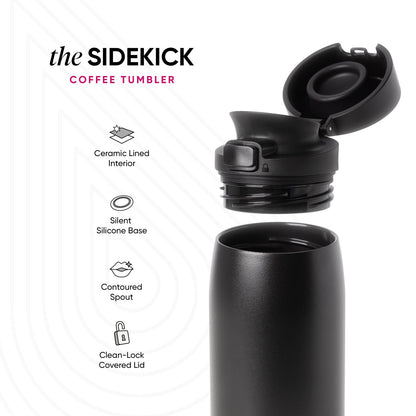Black matte coffee tumbler with gray tonal variations on light gray background