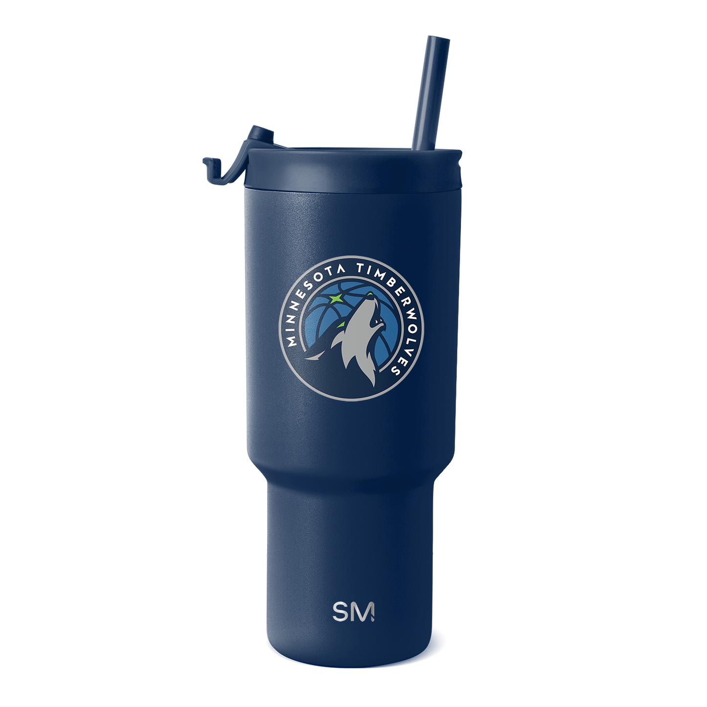 Navy blue insulated tumbler with Minnesota Timberwolves logo in white and light gray, featuring team branding and accents.