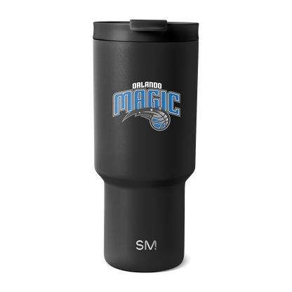 Matte black tumbler with bright blue and white Orlando Magic logo and SM branding accents