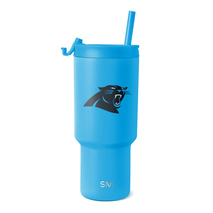 Bright sky blue tumbler with Carolina Panthers logo in dark colors, featuring a vibrant and energetic design