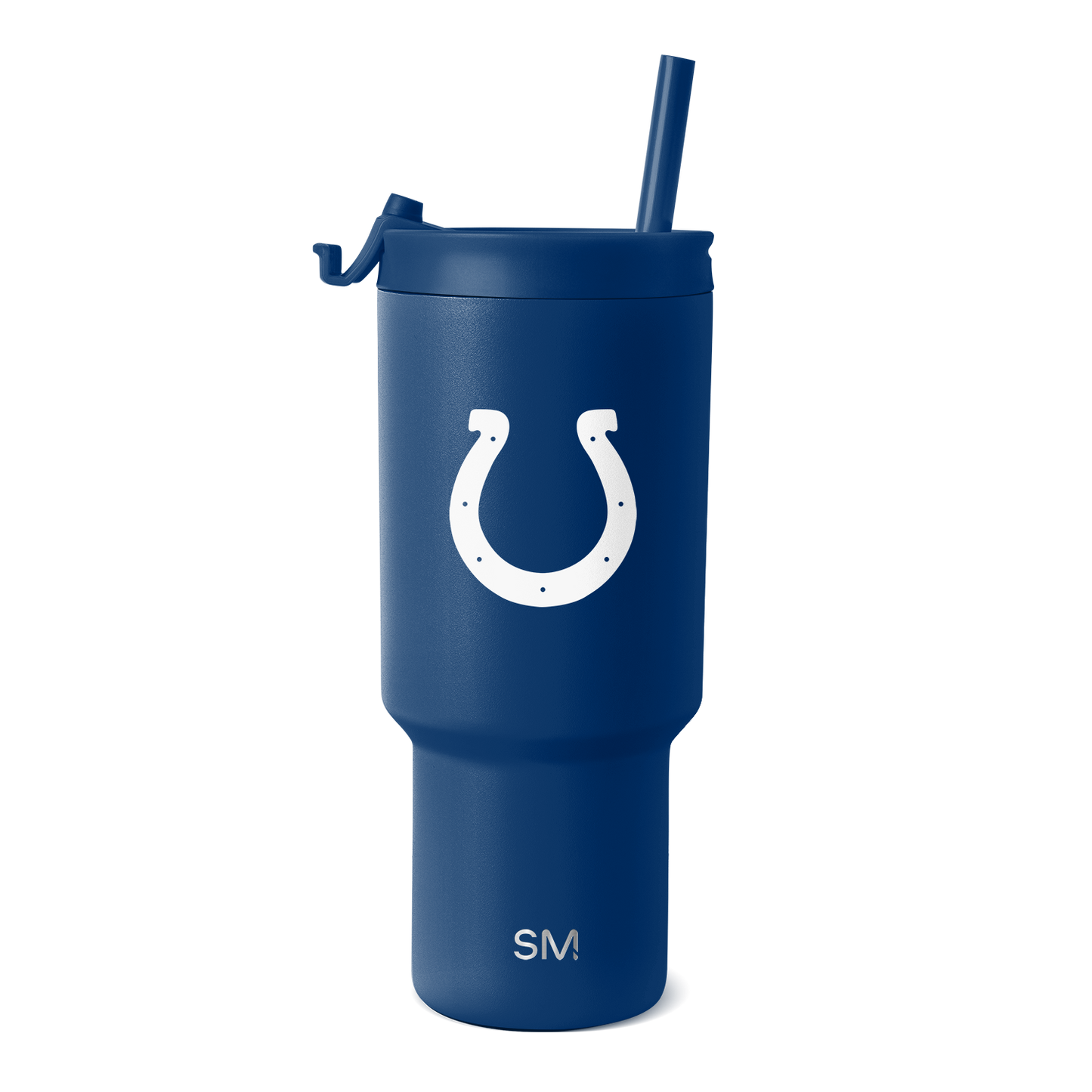 Navy blue insulated tumbler with matching lid and straw, white accents, front view on white background